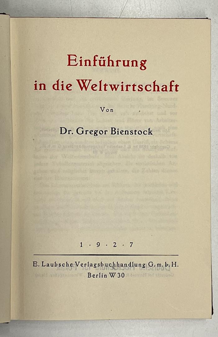 Da 299 : Einführung in die Weltwirtschaft. (1927)