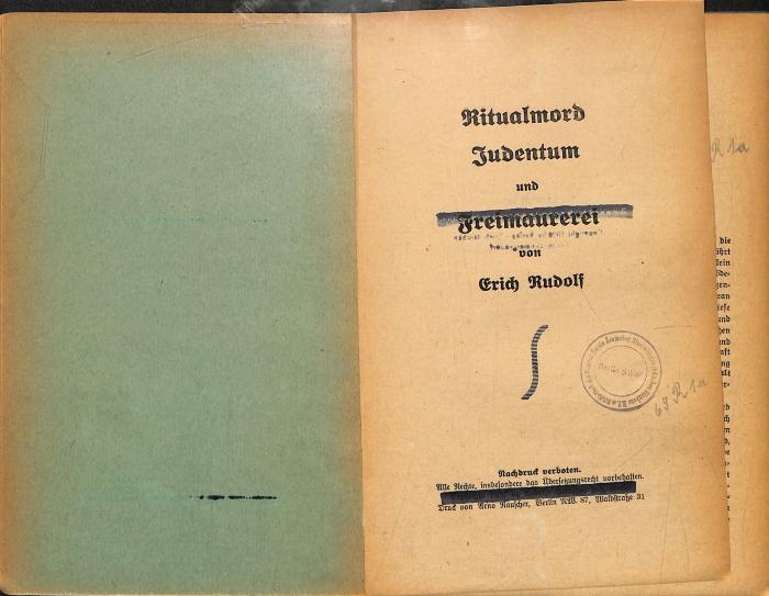 AN I 2329 : Ritualmord. Judentum und Freimaurerei. (1926)