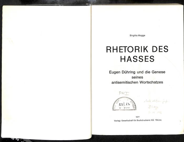 AN I 83/17 : Rhetorik des Hasses: Eugen Dühring und die Genese seines antisemitischen Wortschatzes. (1977)