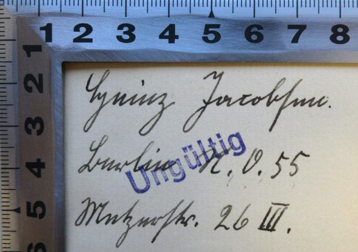 - (Jacobsen, Heinz), Von Hand: Name, Ortsangabe; 'Heinz Jacobsen Berlin N.O. 55, Metzerstr. 26 III.'. 