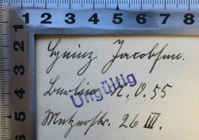 - (Jacobsen, Heinz), Von Hand: Name, Ortsangabe; 'Heinz Jacobsen Berlin N.O. 55, Metzerstr. 26 III.'. 
