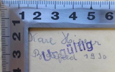 - ( Hiller, Karl), Von Hand: Name, Ortsangabe, Datum; 'Karl Hiller Bielefeld 1930'. 