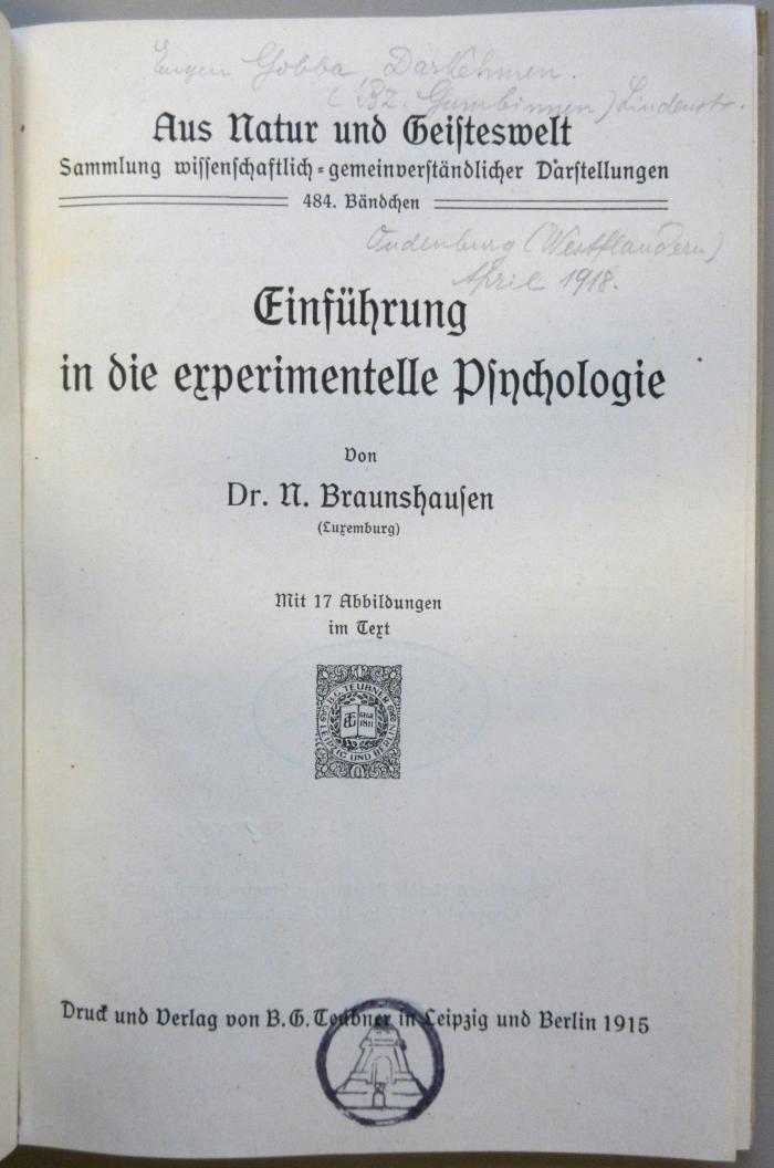 SH 810 : Einführung in die experimentelle Psychologie (1915)