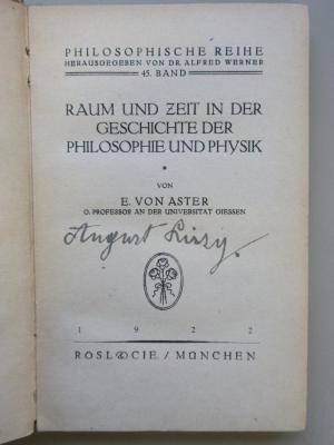 SH 760 : Raum und Zeit in der Geschichte der Philosophie und Physik (1922)