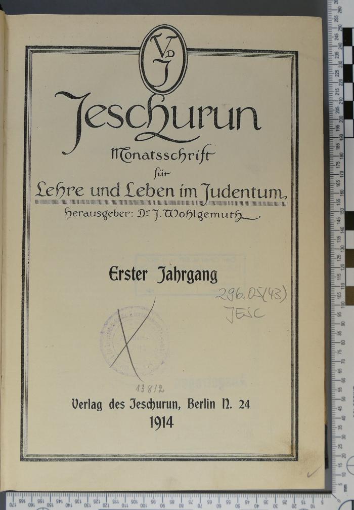 296.05 (43) JESC;Qi 22 ; ;: Jeschurun. Monatsschrift für Lehre und Leben im Judentum (1914)