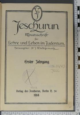 296.05 (43) JESC;Qi 22 ; ;: Jeschurun. Monatsschrift für Lehre und Leben im Judentum (1914)