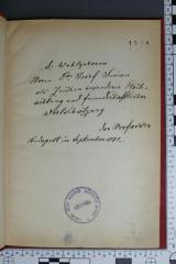 - (Simon, Josef;Bloch, Moses), Von Hand: Widmung; 'Sr Wohlgeboren Herrn Dr Josef Simon als Zeichen besonderer Hochachtung und freundschaftlicher Wertschätzung 
  der Verfasser  
Budapest im September 1882.'. 