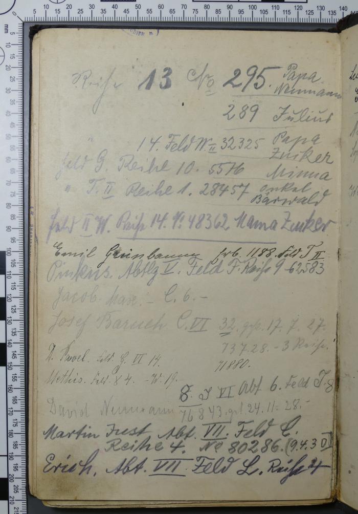 - (Neumann, Leo), Von Hand: Notiz; '[Seite 1]
Papa Neumann 
Julius 
Papa Zucker 
Minna 
Onkel Bärwald 
Mama Zucker 
Emil Grünbaum 
Pinkus 
Jacob Max 
Josef Baruch
D. Pavel 
Methis 
David Neumann 
Martin Just 
Erich
________________
[Seite 2]
Weissensee 
Leo Neumann [falsches Datum: 1837 soll lauten 1937]
Alfred Methis 
Sophie Methis 
We[i]ssensee

           '. 