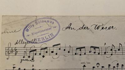 - (Ochs, Rudolf;Baldamus, Willy), Stempel: Berufsangabe/Titel/Branche; 'Willy Baldamus, Kapellmeister, Berlin'. 