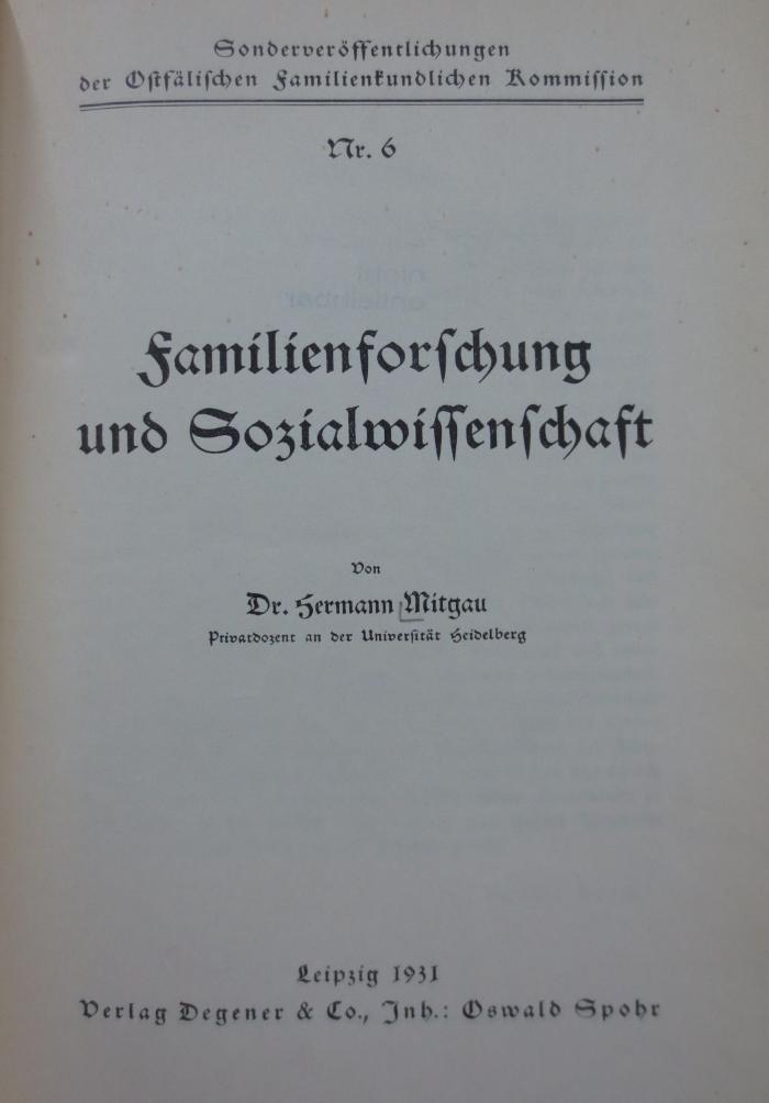 Aa 1482: Familienforschung und Sozialwissenschaft (1931)