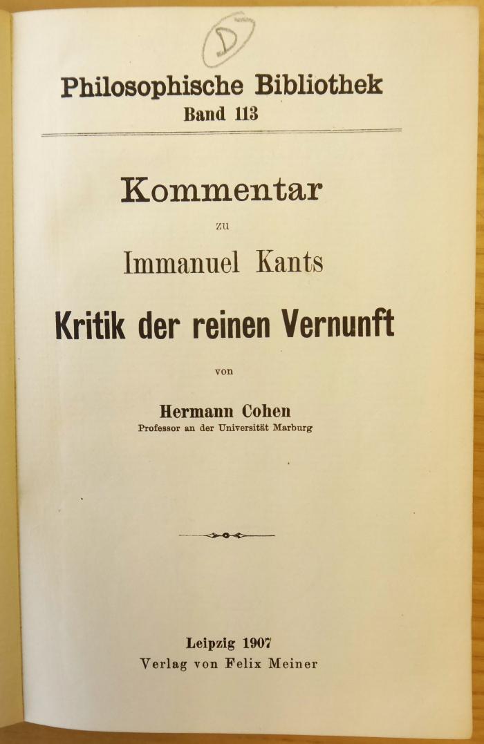 SH 617 : Kommentar zu Immanuel Kants Kritik der reinen Vernunft (1907)