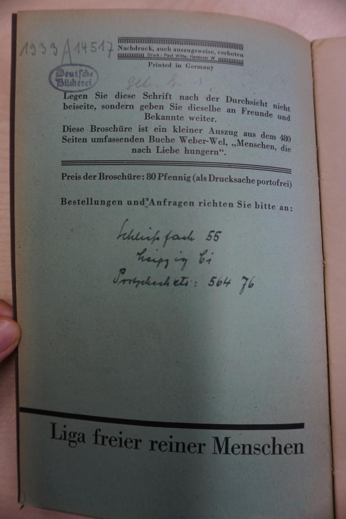 -, Von Hand: Notiz; 'Schließfach 55
Leipzig Li
Postscheckkto: 564 76'