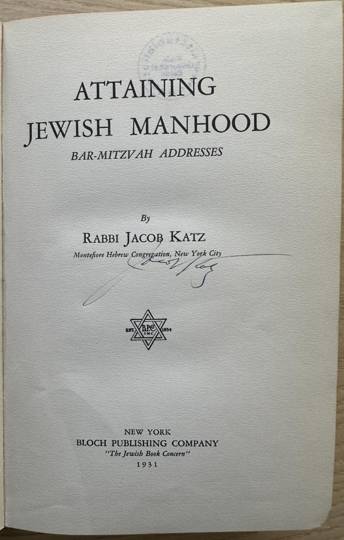 1 P 20 : Attaining Jewish manhood : Bar-mitzvah adresses (1931)