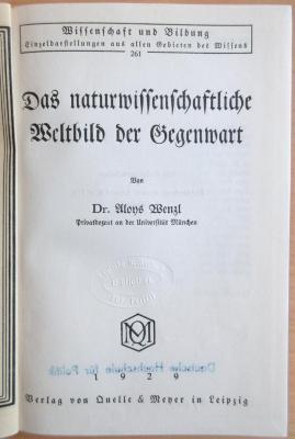P 4 : Das naturwissenschaftliche Weltbild der Gegenwart (1929)