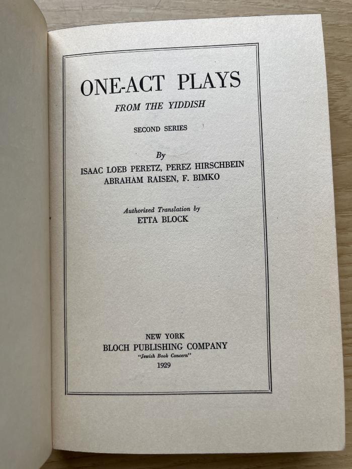 1 P 55-2 : One - Act Plays from the Yiddish. 2 (1929)