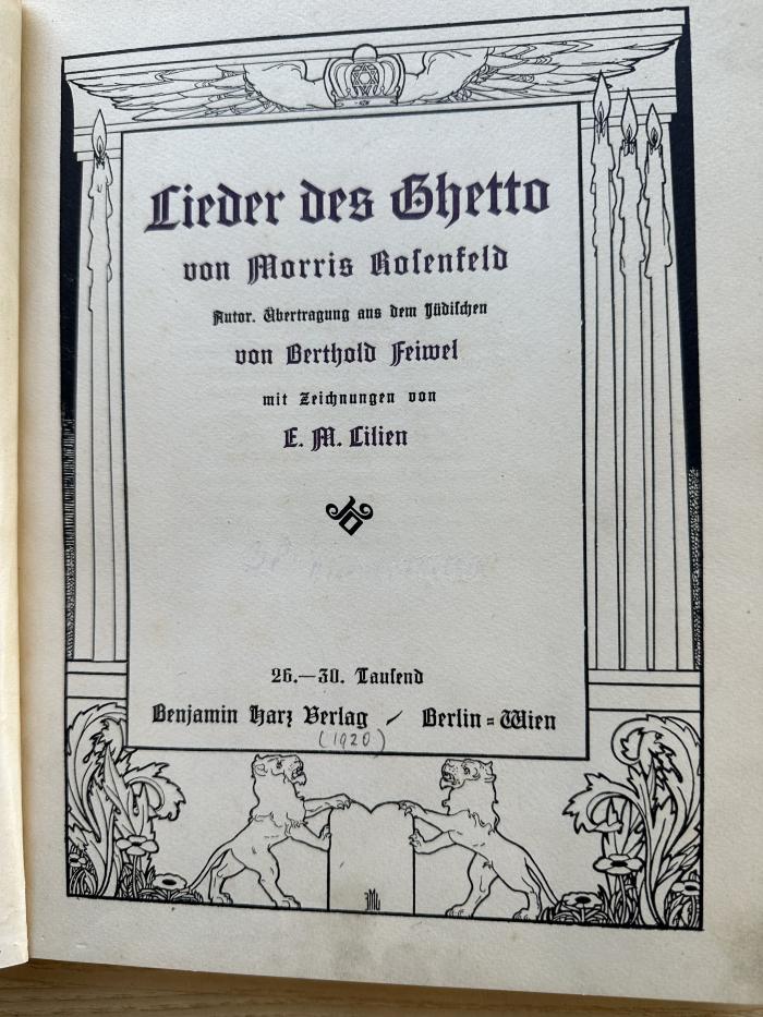 1 P 201&lt;26&gt; : Rosenfeld, Morris: Lieder des Ghetto (1920)