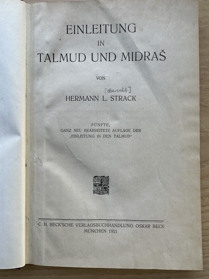 1 P 190&lt;5&gt; : Einleitung in Talmud und Midraš (1921)