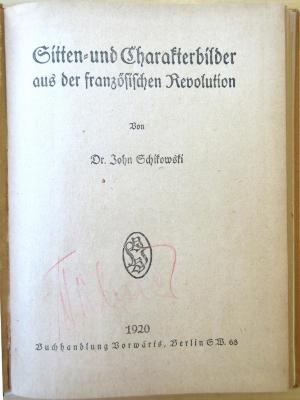 SA 338 : Sitten- und Charakterbilder aus der französischen Revolution (1920)