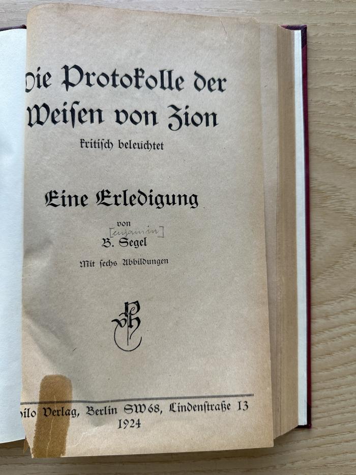 2 P 15 : Die Protokolle der Weisen von Zion kritisch beleuchtet : Eine Erledigung (1924)