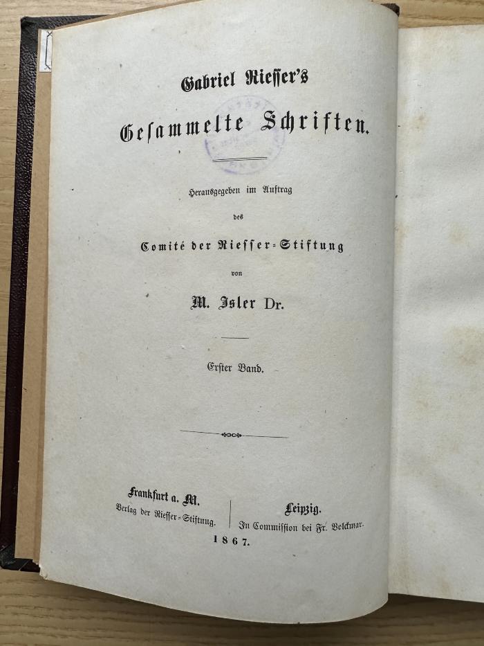 3 P 13-1 : Gabriel Riesser's Gesammelte Schriften. 1, Gabriel Riesser's Leben nebst Mittheilungen aus seinen Briefen (1867)
