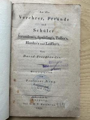 GB M 3783 (ausgesondert): An die Verehrer, Freunde und Schüler Jerusalems, Spaldings, Tellers, Herders und Löfflers (1823)