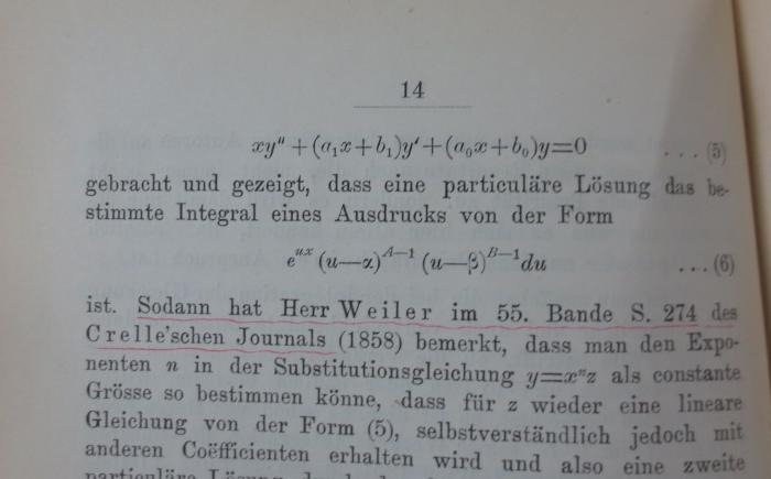 Ic 107: Über die Integration linearer Differentialgleichungen zweiter Ordnung mittelst einfacher Quadraturen (1876);- (unbekannt), Von Hand: Annotation. 