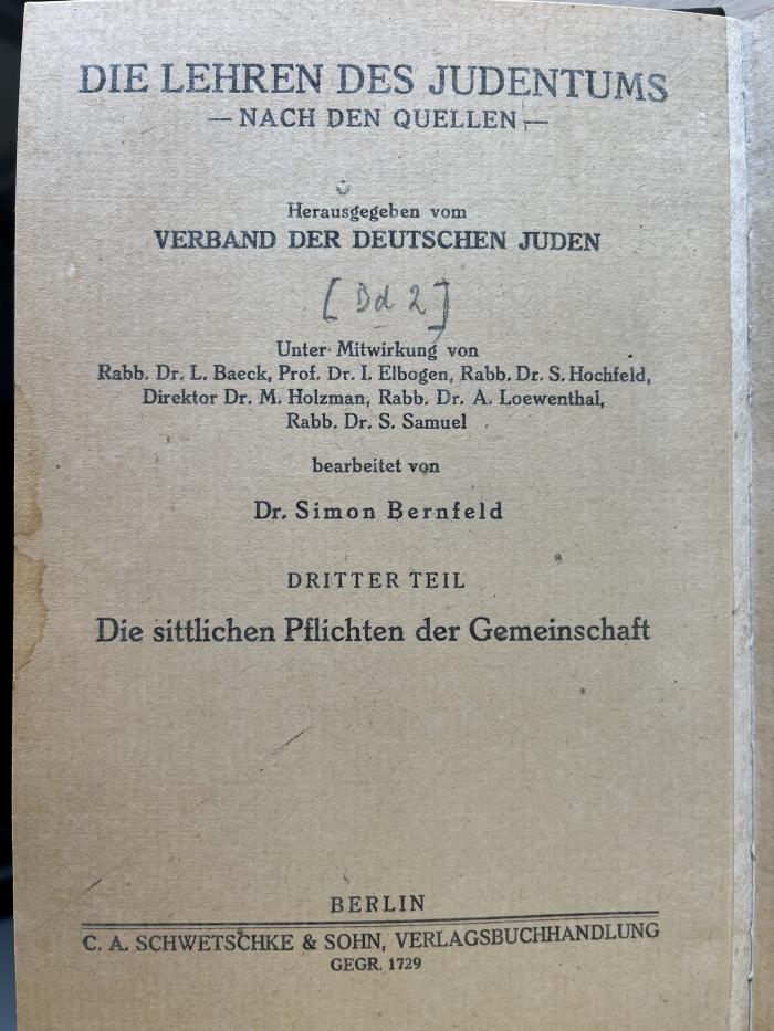 3 P 16-2 : Die Lehren des Judentums. 2, T.3: Die sittlichen Pflichten der Gemeinschaft. T.4: Die Lehre von Gott (1923/24)