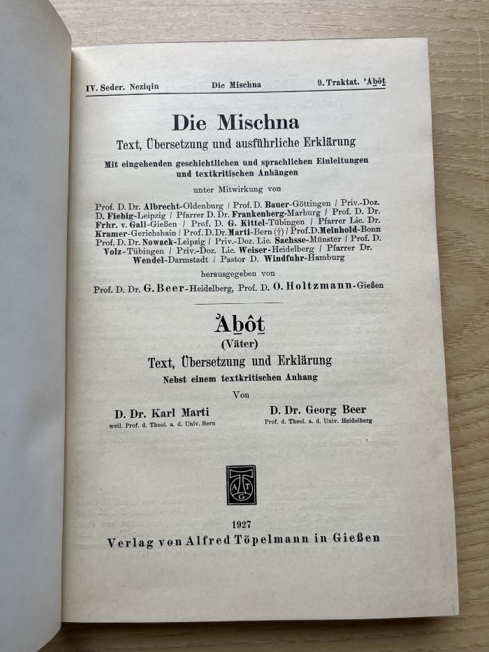 5 P 29-4,9/4,10 : Die Mischna. Seder 4, 9.Neziqin, Avot (Väter) (1927)