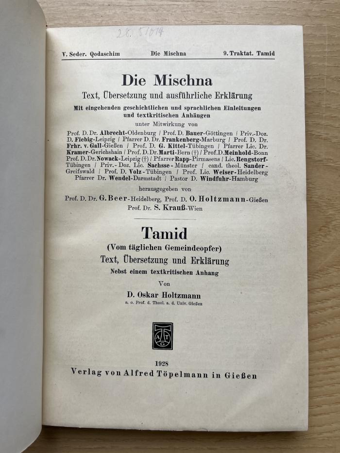5 P 29-5,9/5,11 : Die Mischna. Seder 5, Qodaschim, Traktat 9, Tamid (Vom täglichen Gemeindeopfer) (1928)