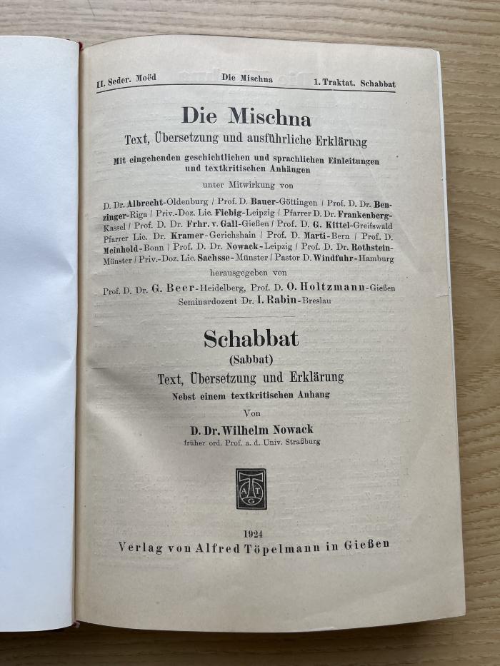 5 P 29-2,1/2,3 : Die Mischna. Seder 2, Moëd, Traktat 1, Schabbat (Sabbat) (1924)
