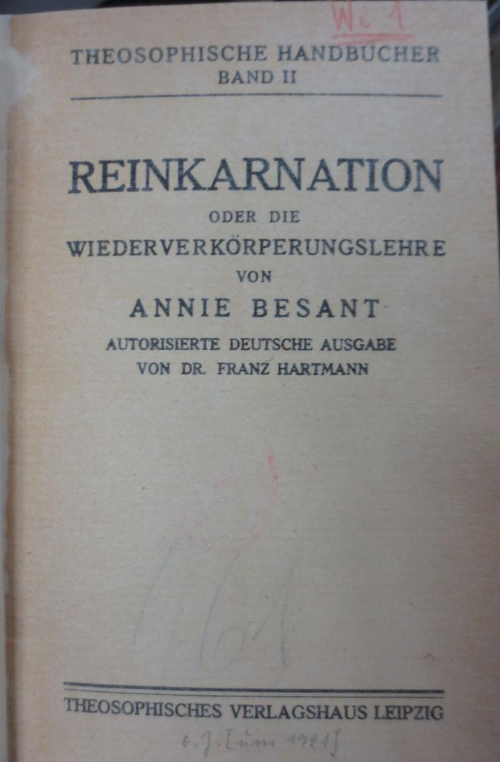 Hw 112: Reinkarnation oder die Wiederverkörperungslehre (um 1921)