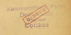 - (Kommnistische Partei Deutschlands, Ortsgruppe Cottbus), Stempel: ; 'Kommunistische Partei Deutschlands Ortsgruppe Cottbus'.  (Prototyp)