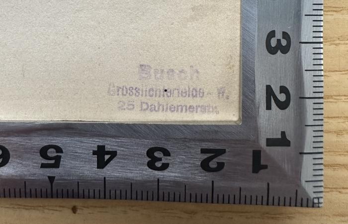 -, Stempel: Ortsangabe, Name; 'Busch
Grosslichterfelde 17
25 Dahlemerstr.' (Prototyp)