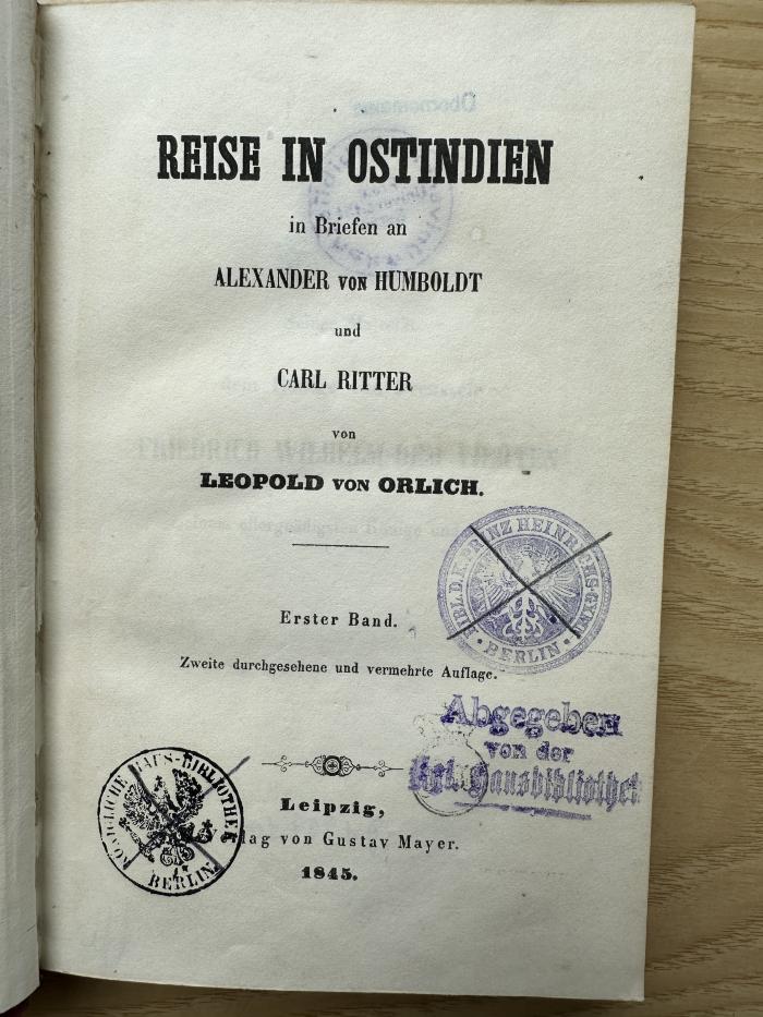 8 P 89&lt;2&gt;-1 : Reise in Ostindien in Briefen an Alexander von Humboldt und Carl Ritter. (1845)