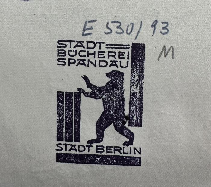 - (VB Spandau), Stempel: Name, Berufsangabe/Titel/Branche, Ortsangabe, Abbildung; 'Stadtbücherei Spandau Stadt Berlin'.  (Prototyp)