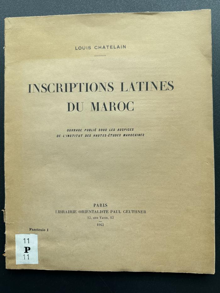 11 P 11-1 : Inscriptions latines du Maroc. 1, Tingi (1942)