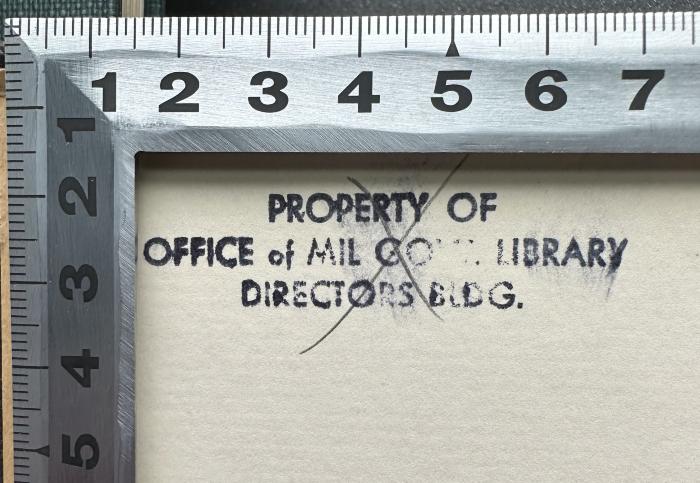 - (Office of Military Government for Germany (US)), Stempel: Berufsangabe/Titel/Branche; 'PROPERTY OF
OFFICE of MIL GOVT. LIBRARY
DIRECTORS BLDG.'. 