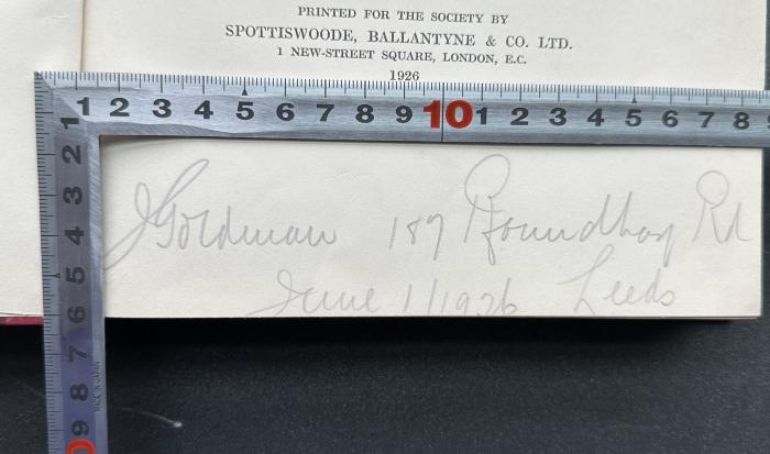 -, Von Hand: Ortsangabe, Name, Datum; 'J Goldman 187 Roundhay Rd
June 1/1926 Leeds'