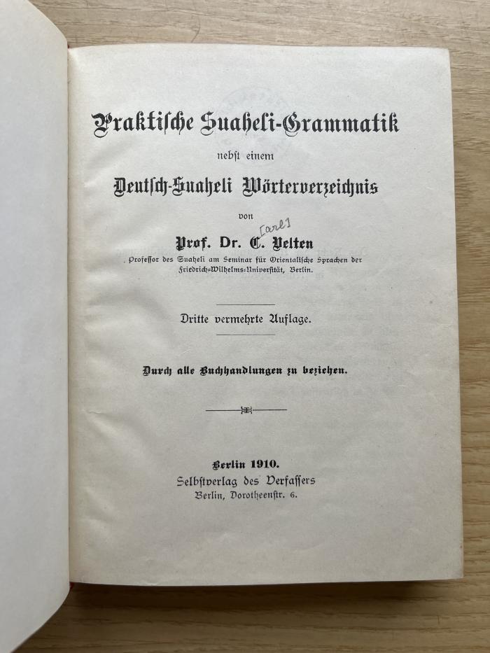 14 P 2&lt;3&gt; : Praktische Suaheli-Grammatik nebst einem Deutsch-Suaheli Wörterverzeichnis (1910)
