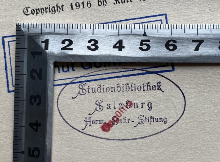 -, Stempel: Besitzwechsel, Ortsangabe; 'Studienbibliothek 
Salzburg
Herm. Bahr-Stiftung
Ungültig' (Prototyp)