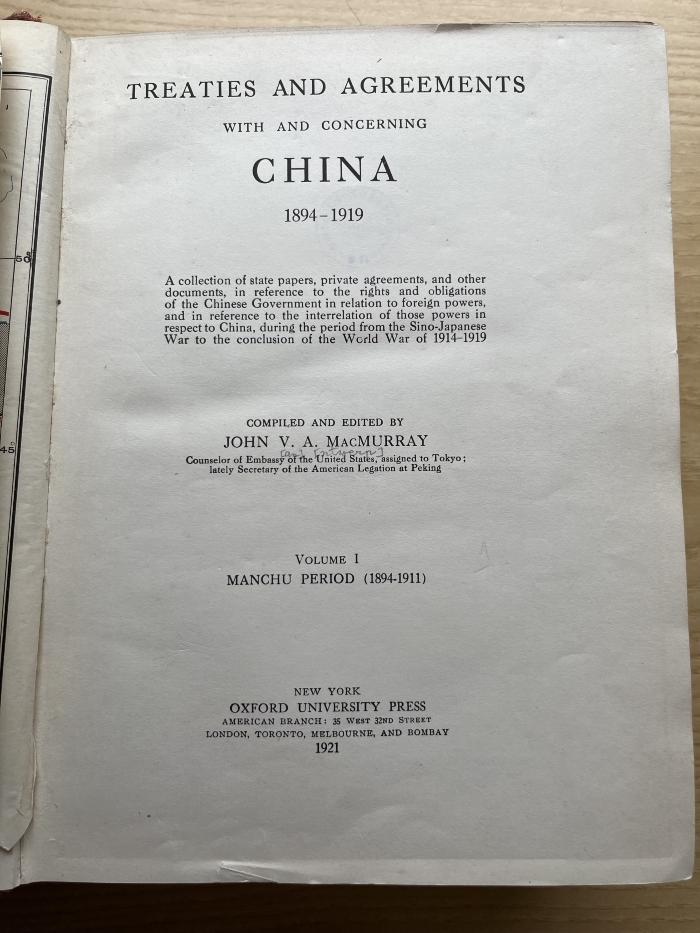 13 P 200-1 : Treaties and agreements with and concerning China 1894 - 1919. 1, Manchu period (1894 - 1911) (1921)