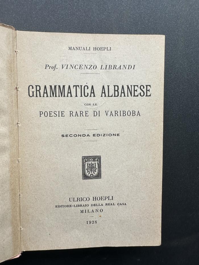 14 P 172&lt;2&gt; : Grammatica albanese con le poesie rare di Variboba (1928)
