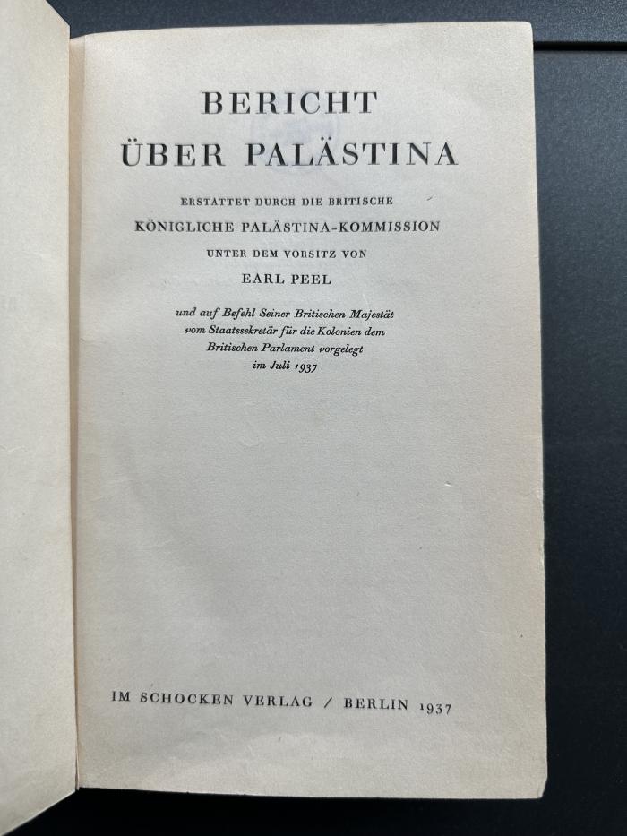 9 P 82 : Großbritannien Palestine Royal Commission: Bericht über Palästina (1937)