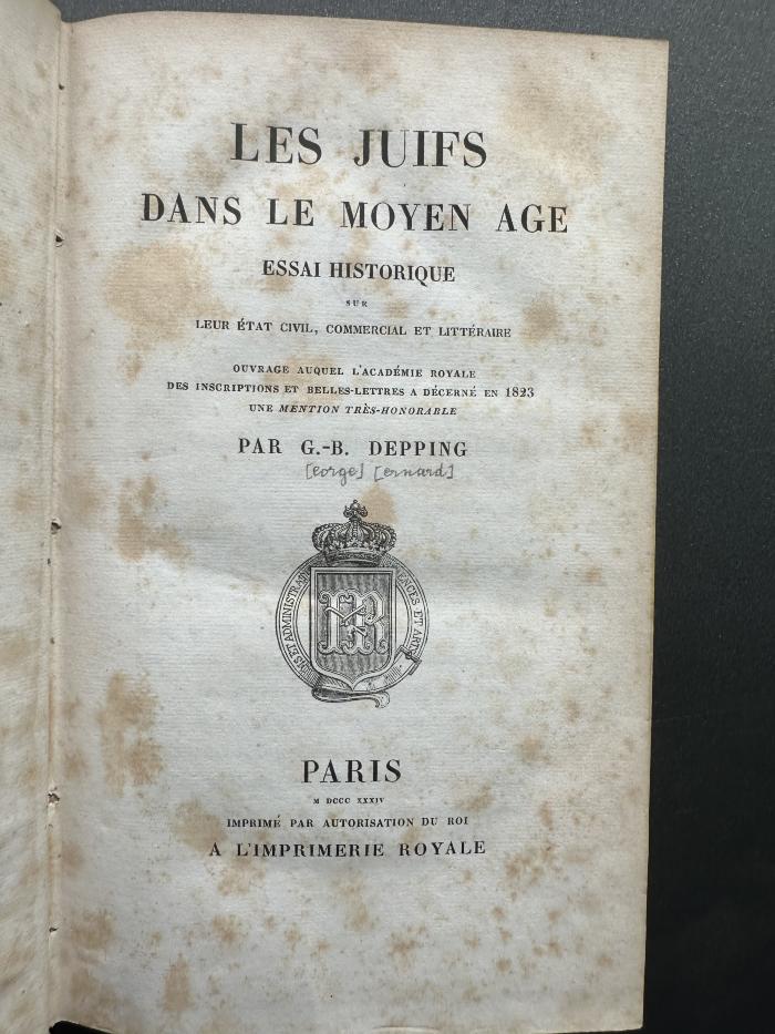 14 P 118 : Les Juifs dans le moyen âge : Essai historique sur leur état civil, commercial et littéraire. (1834)