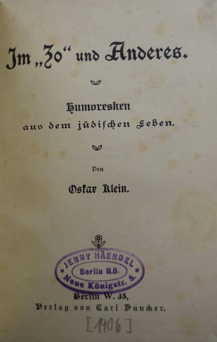 An 1563: Im "Zo" und Anderes : Humoresken aus dem jüdsichen Leben ([1906])