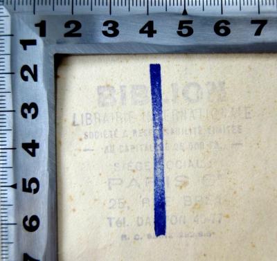 - (Biblion Librairie Internationale;Schaul, Ruth (geb. Rewald) ;Günzburg, Paul), Stempel: Berufsangabe/Titel/Branche, Ortsangabe, Name; 'Biblion Librairie Internationale 
société à responsabilité limitée au capitalite 25.000 Fr. 
Siege social
Paris 6. 25, Rue Bréa
Tel. DA[...]ON 40-77 R. C. Seine 282.815'. 