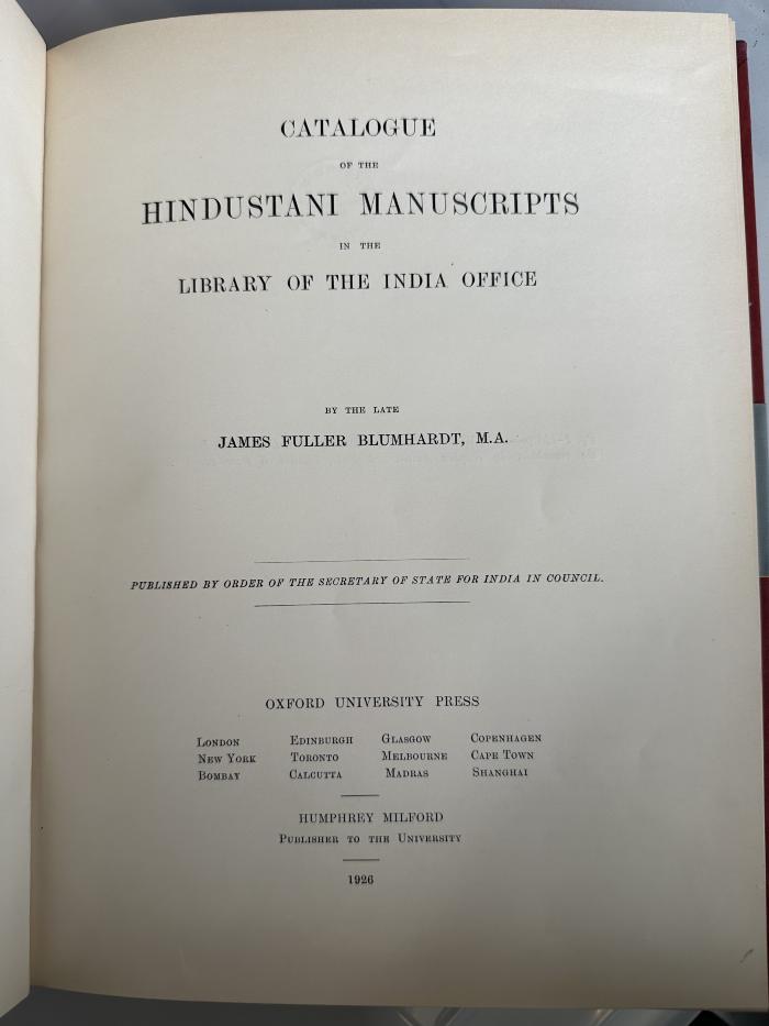 15 P 312 : Catalogue of the Hindustani manuscripts in the library of the India Office (1926)