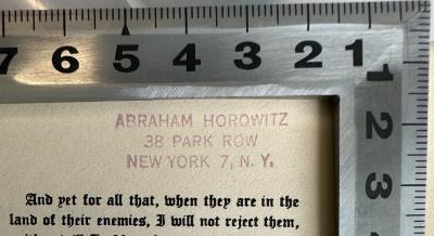 - (Horowitz, Abraham), Stempel: Name, Ortsangabe; 'ABRAHAM HOROWITZ
38 PARK ROW
NEW YORK 7, N.Y.'. 