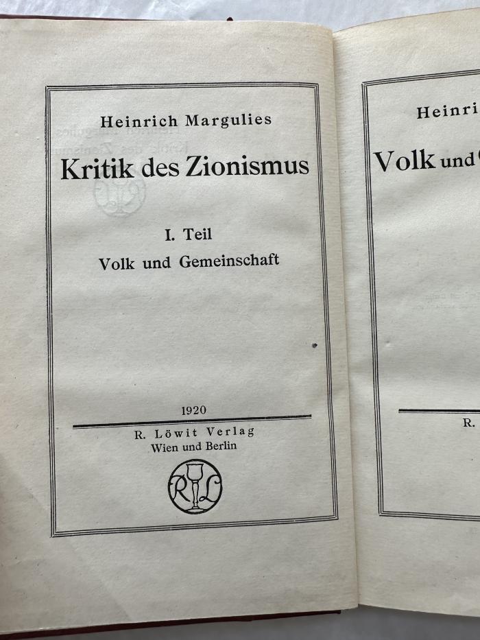 17 P 61-1 : Kritik des Zionismus. 1, Volk und Gemeinschaft (1920)