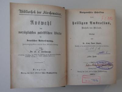 33 V 1/1 - 33 V 1/77 : Auswahl der vorzüglichen patristischen Werke in deutscher Übersetzung
1. Band: Ausgewählte Schriften des heiligen Ambrosius, Bischofs von Mailand (1871)